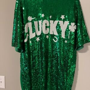 Green Sequin 'Lucky' Short Sleeve Tee